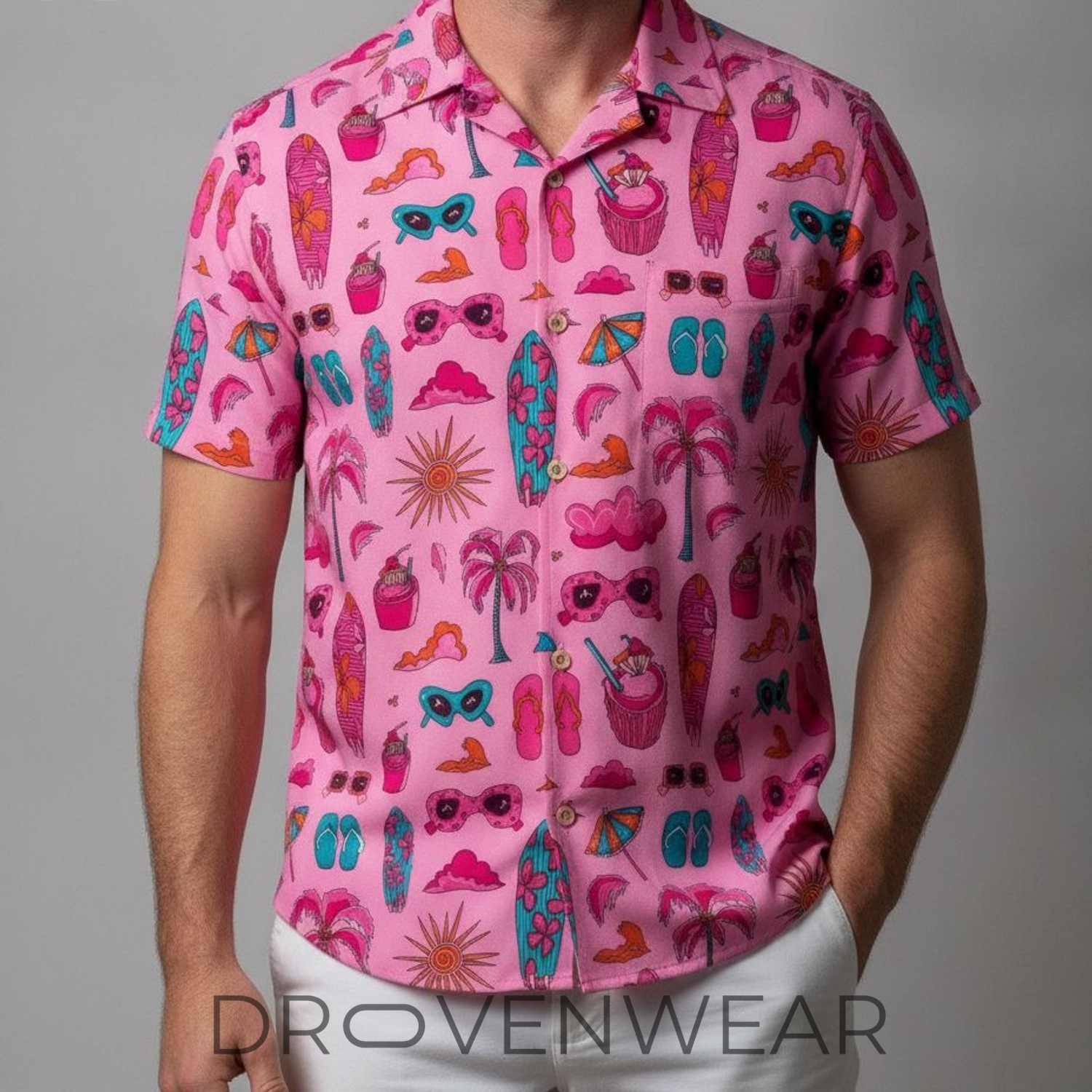 Pink Tropical Cocktail & Surfboard Hawaiian Shirt Pink Tropical Cocktail & Surfboard Hawaiian Shirt