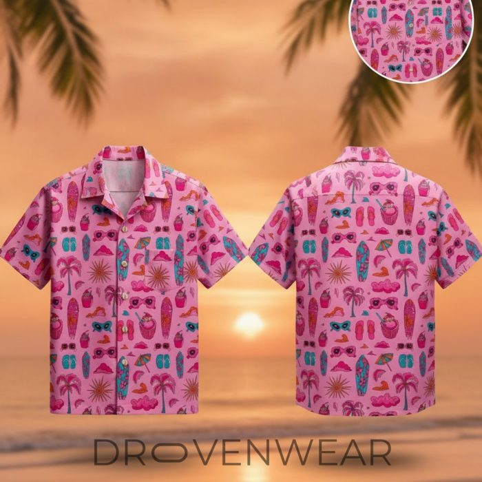Pink Tropical Cocktail & Surfboard Hawaiian Shirt - Image 2