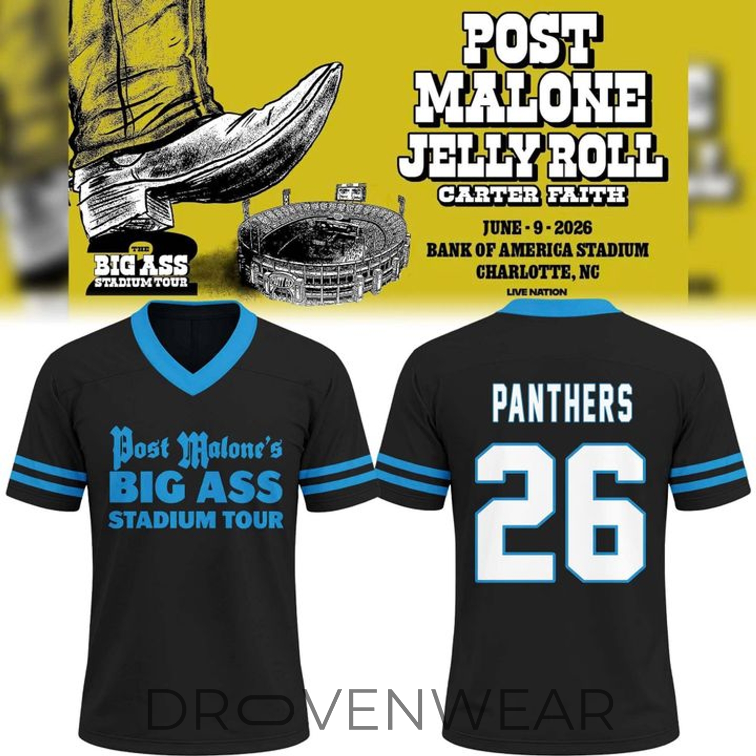 Post Malone x Carolina Panthers Big Ass Stadium Tour 2026 Football Style Jersey Post Malone x Carolina Panthers Big Ass Stadium Tour 2026 Football Style Jersey