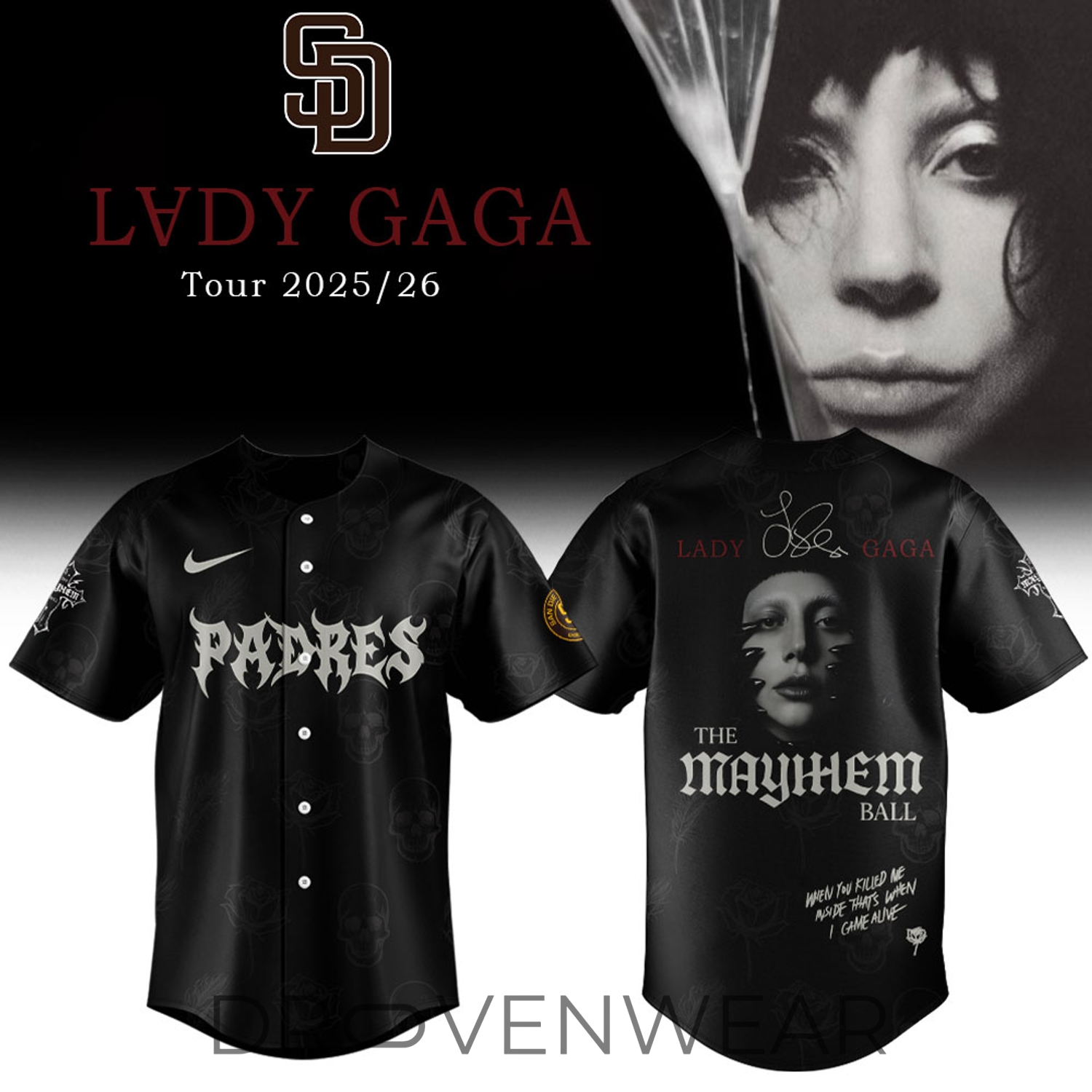 San Diego Padres Lady Gaga MAYHEM Ball Fan Baseball Jersey San Diego Padres Lady Gaga MAYHEM Ball Fan Baseball Jersey