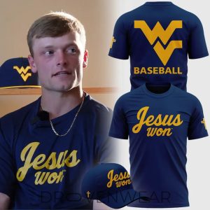 West Virginia Mountaineers JESUS WON Navy Graphic Shirt 2026 by Drovenwear.com