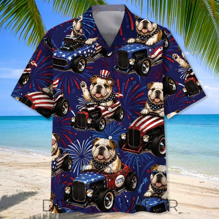 4th Of July Funny English Bulldog Hot Rod Hawaiian Shirt - Image 2