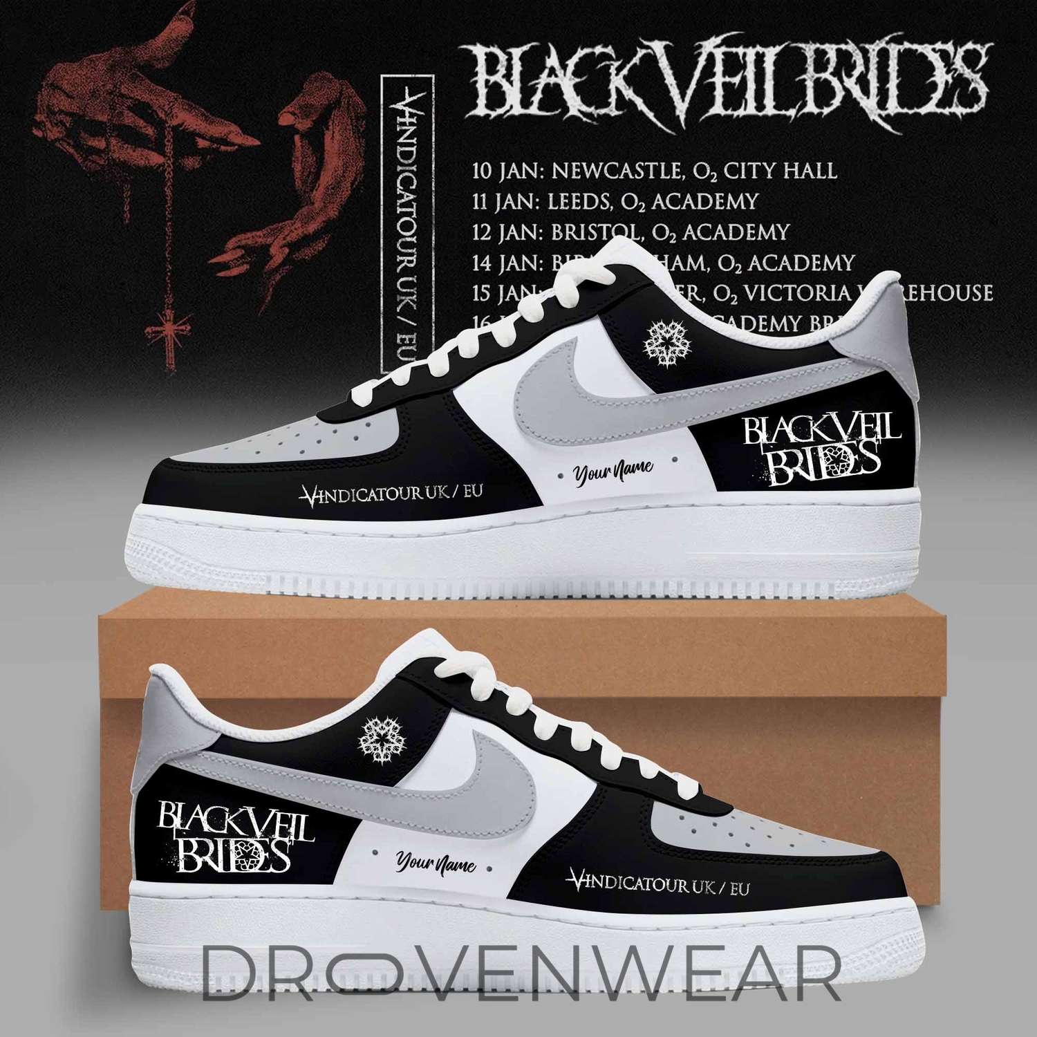 Black Veil Brides UK Tour 2026 Limited Edition Air Force 1 Shoes Black Black Veil Brides UK Tour 2026 Limited Edition Air Force 1 Shoes Black