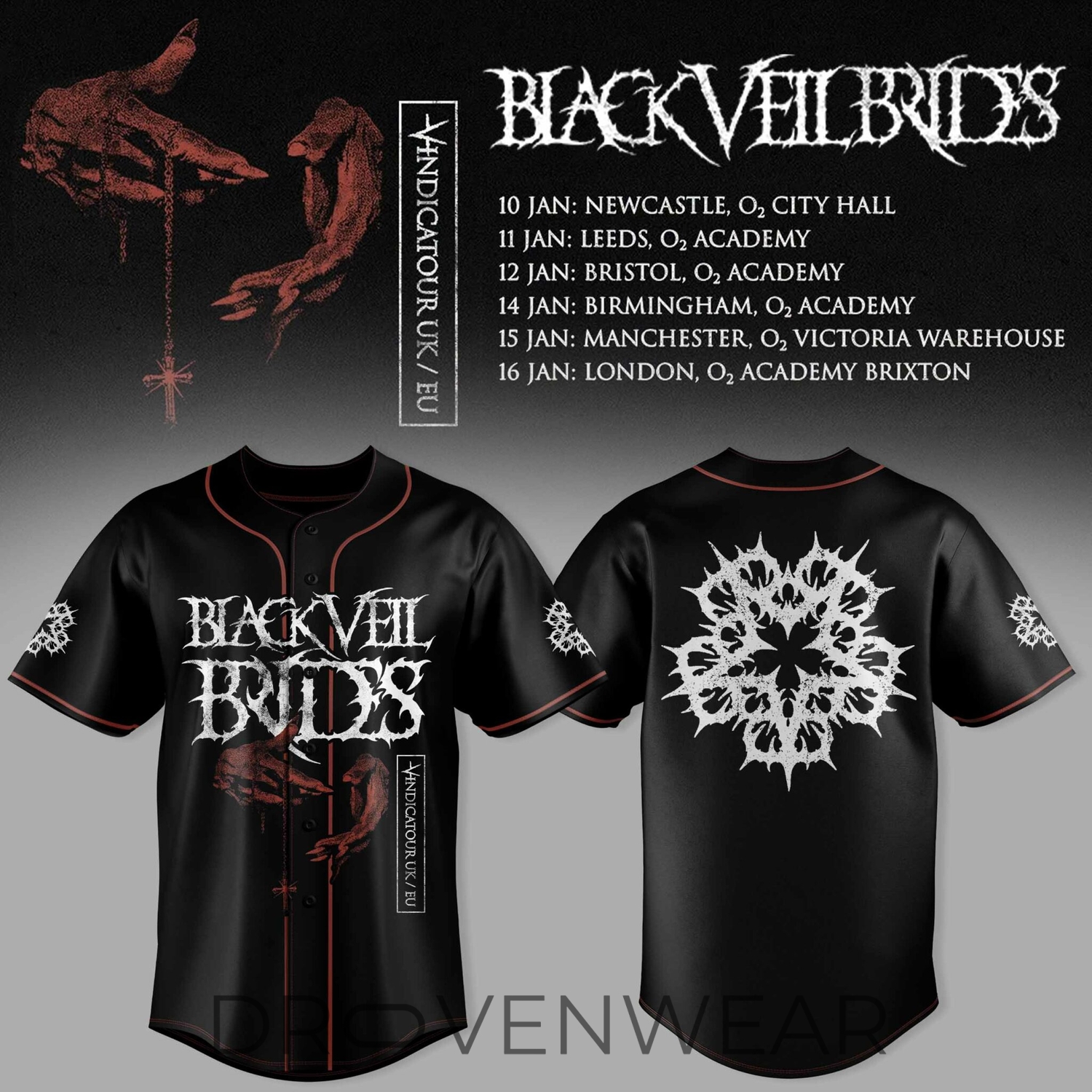 Black Veil Brides UK Tour 2026 Limited Edition Baseball Jersey Black Veil Brides UK Tour 2026 Limited Edition Baseball Jersey