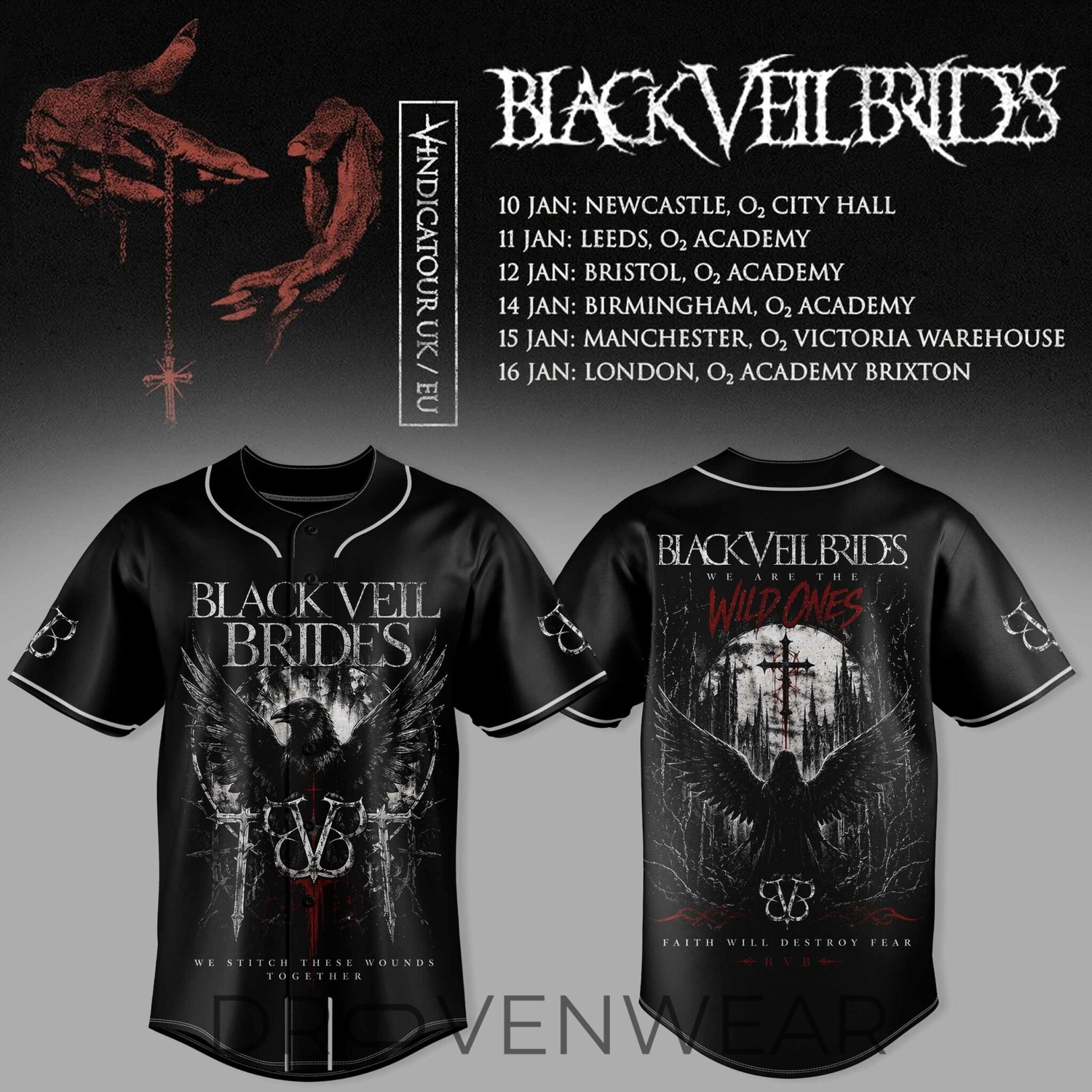 Black Veil Brides UK Tour 2026 Limited Edition Baseball Jersey V4 Black Veil Brides UK Tour 2026 Limited Edition Baseball Jersey V4