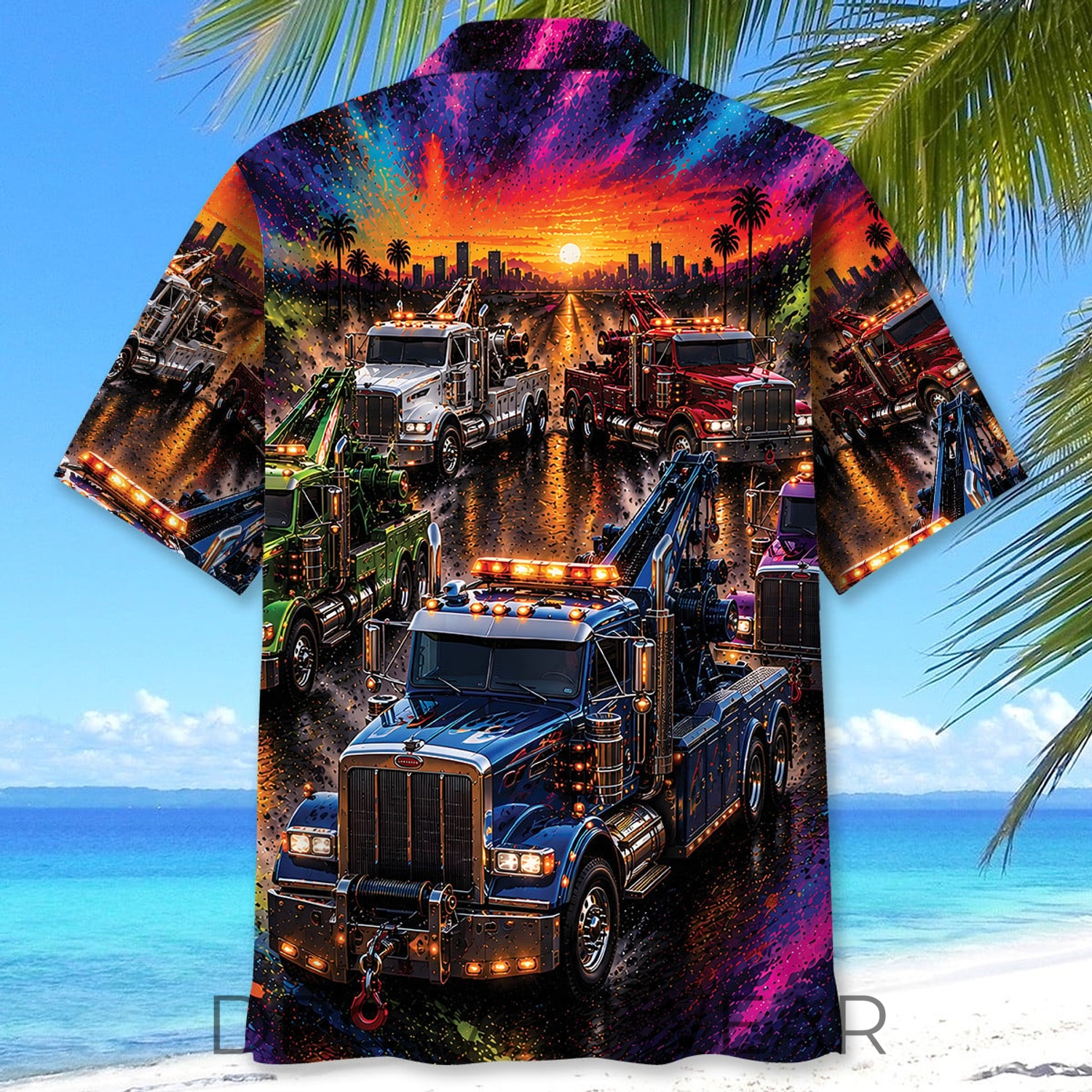 Color Blast Tow Truck Hawaiian Shirt for Truck Lovers Color Blast Tow Truck Hawaiian Shirt for Truck Lovers