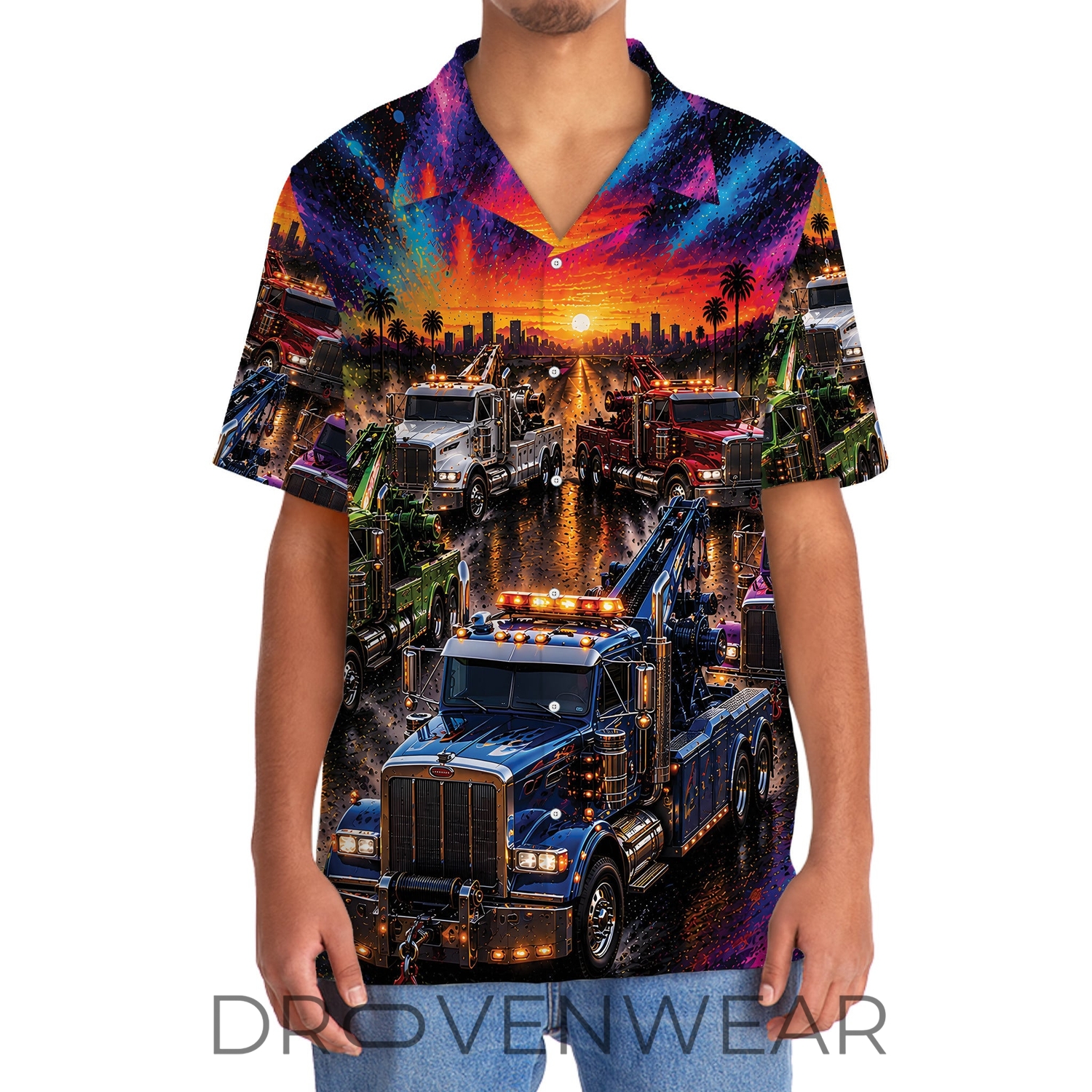 Color Blast Tow Truck Hawaiian Shirt for Truck Lovers Color Blast Tow Truck Hawaiian Shirt for Truck Lovers