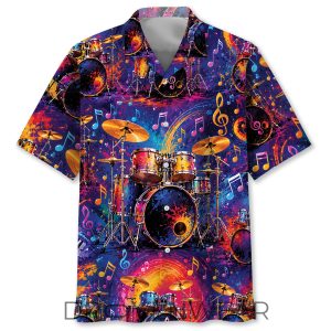 Colorful Drumset Vintage Art Hawaiian Shirt by Drovenwear.com