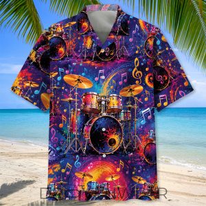 Colorful Drumset Vintage Art Hawaiian Shirt by Drovenwear.com