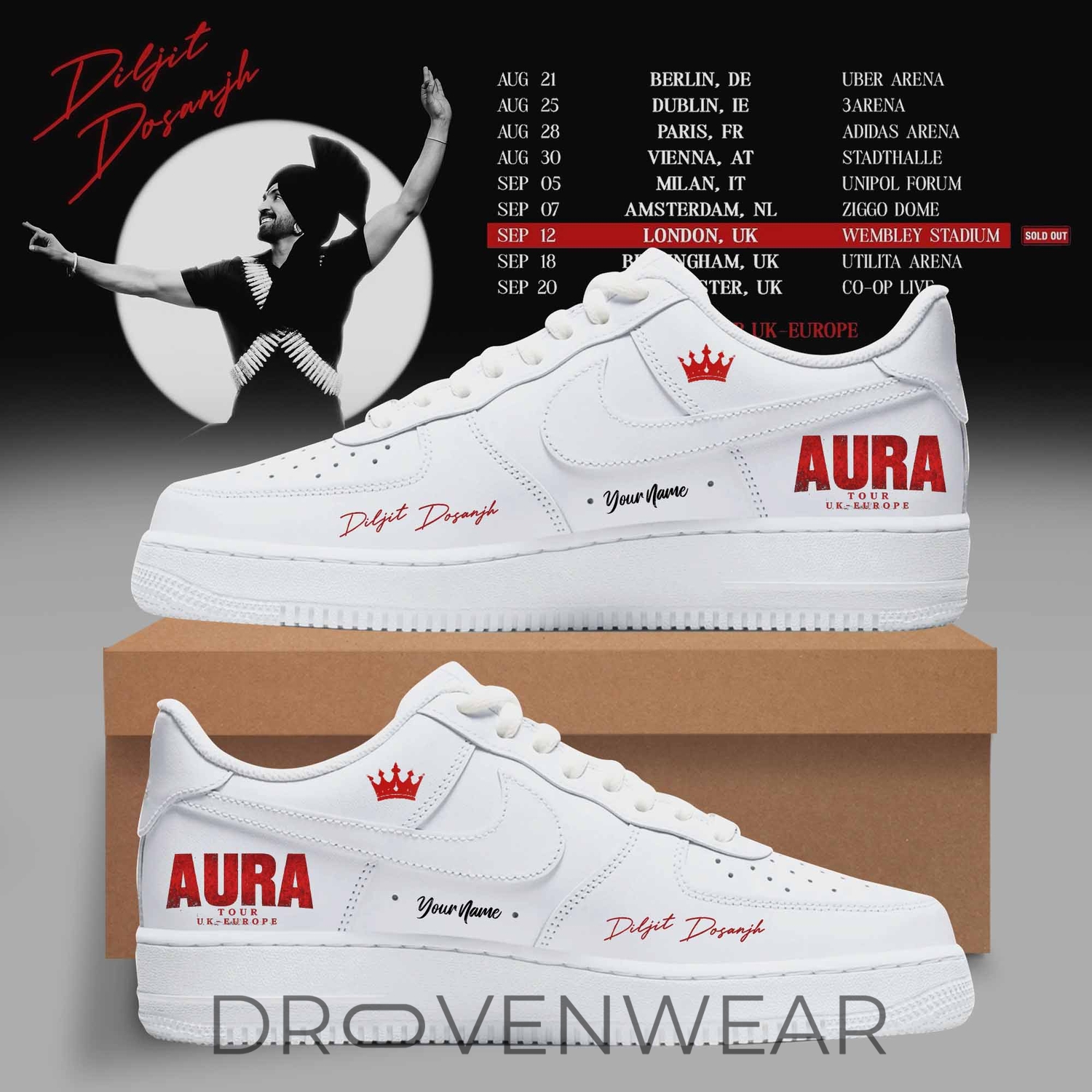 Diljit Dosanjh Aura World Tour 266 Europe & UK Edition White AF1 Shoes Diljit Dosanjh Aura World Tour 266 Europe & UK Edition White AF1 Shoes