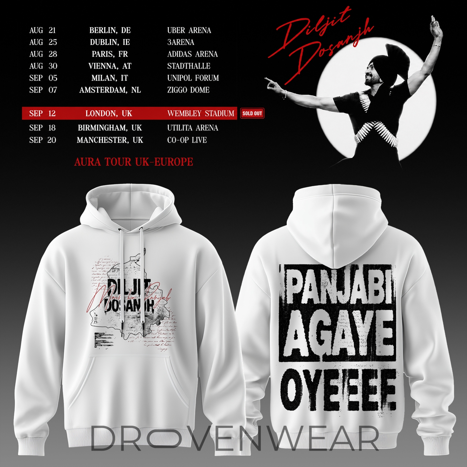 Diljit Dosanjh's Aura World Tour 2026 White Edition Hoodie Diljit Dosanjh's Aura World Tour 2026 White Edition Hoodie