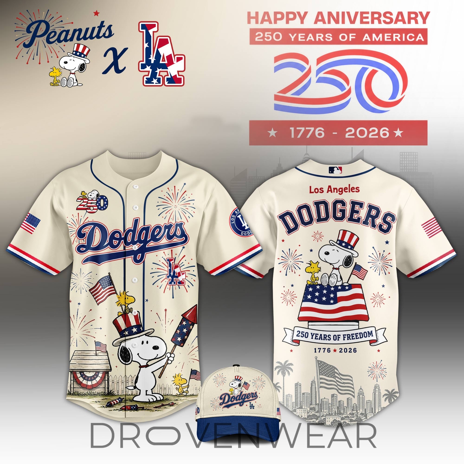 Dodgers x Peanuts Snoopy 250y Of America Edition Baseball Jersey Dodgers x Peanuts Snoopy 250y Of America Edition Baseball Jersey