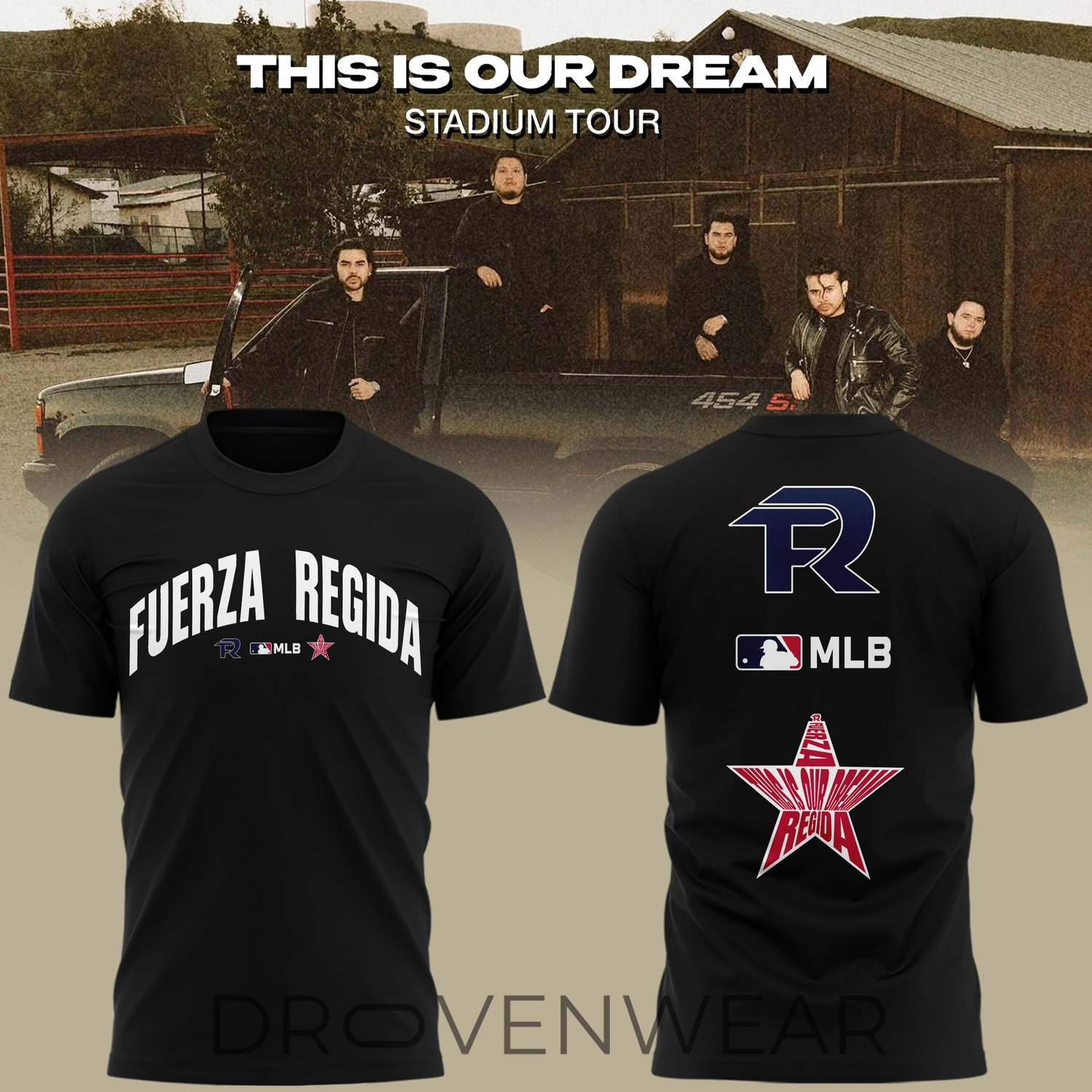 Fuerza Regida x MLB This Is Our Dream Stadium Tour 2026 Black Shirt Fuerza Regida x MLB This Is Our Dream Stadium Tour 2026 Black Shirt