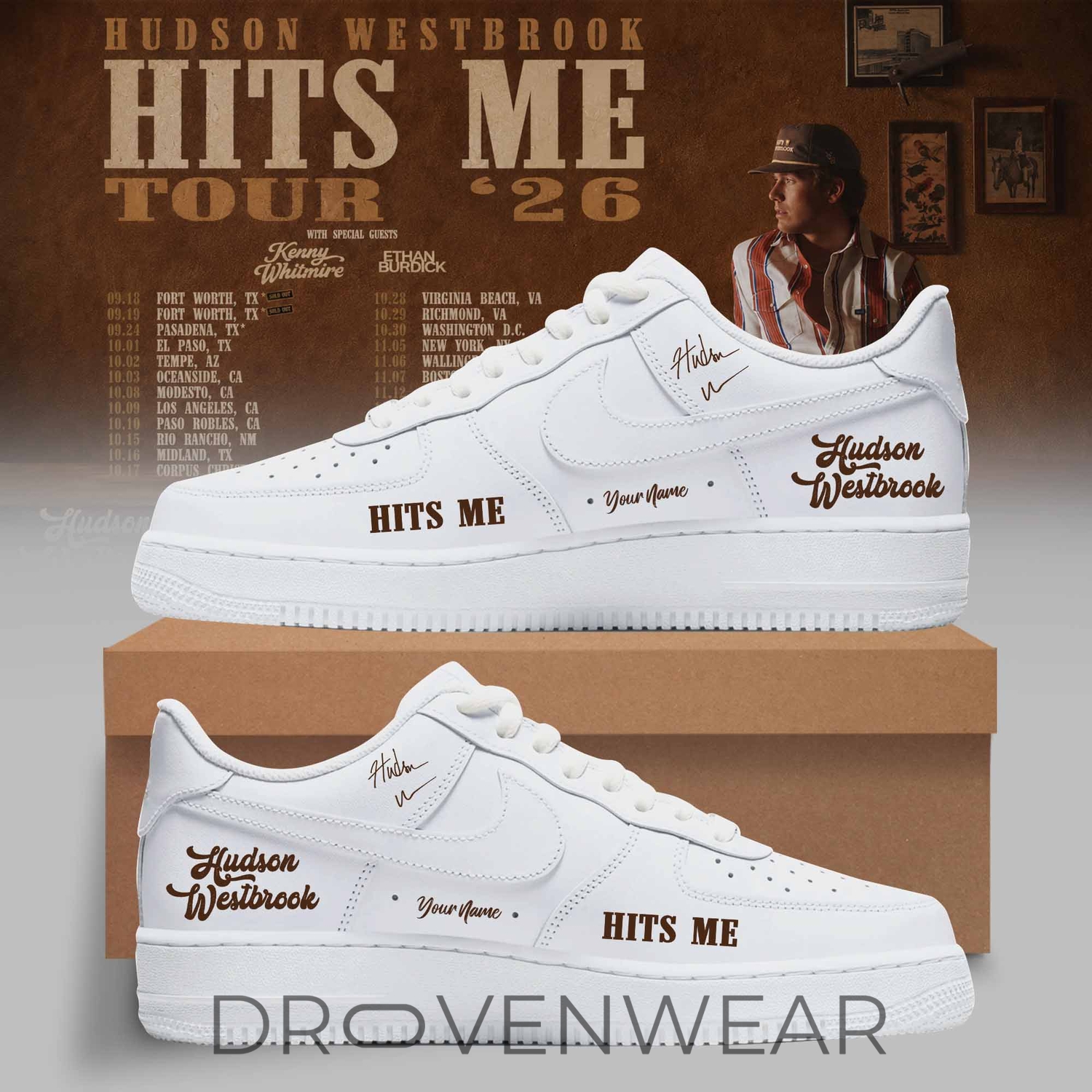 Hudson Westbrook Hits Me Tour '26 Limited Edition Air Force 1 Shoes White Hudson Westbrook Hits Me Tour '26 Limited Edition Air Force 1 Shoes White