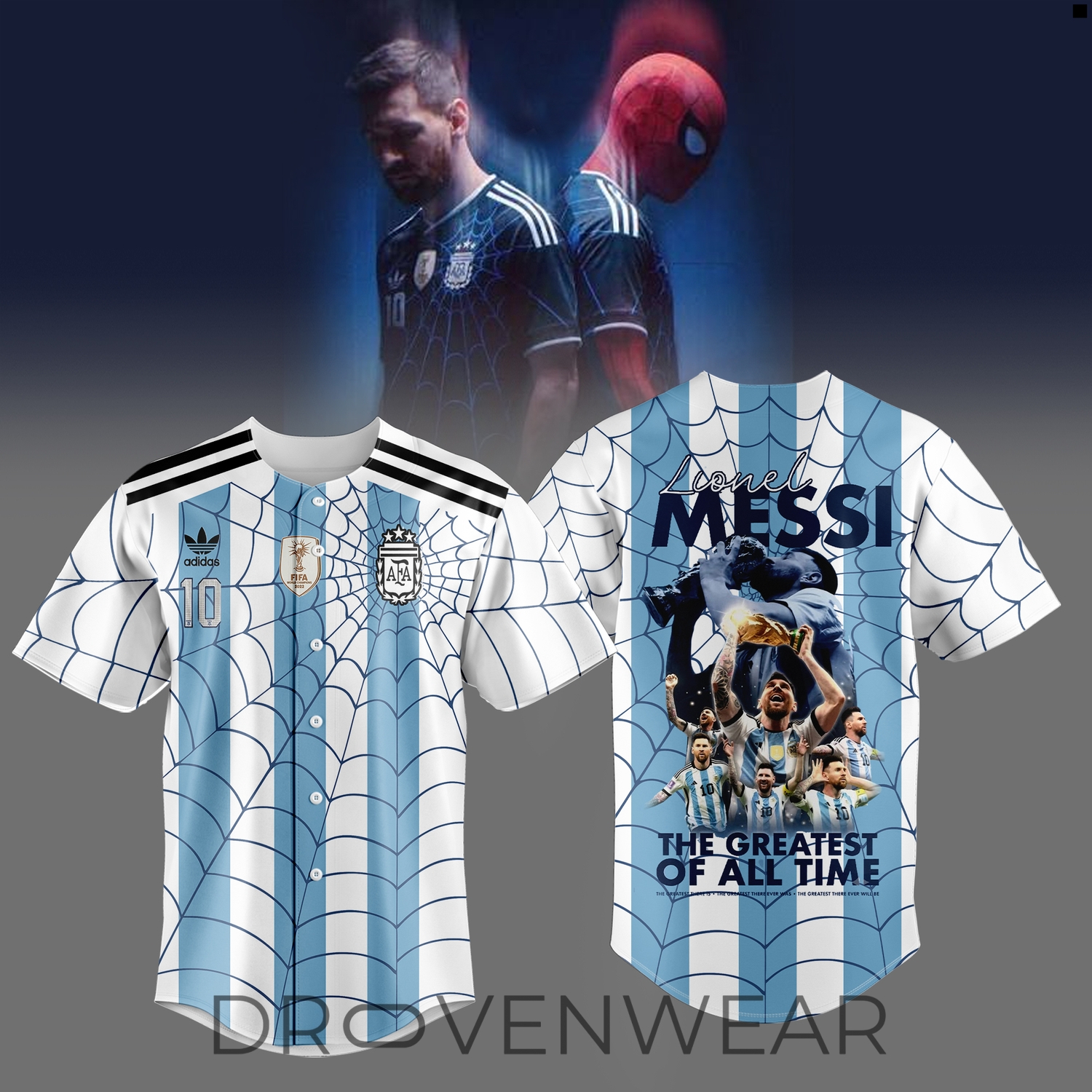 Lionel Messi x Spider-Man GOAT World Cup Champions Baseball Jersey Lionel Messi x Spider-Man GOAT World Cup Champions Baseball Jersey