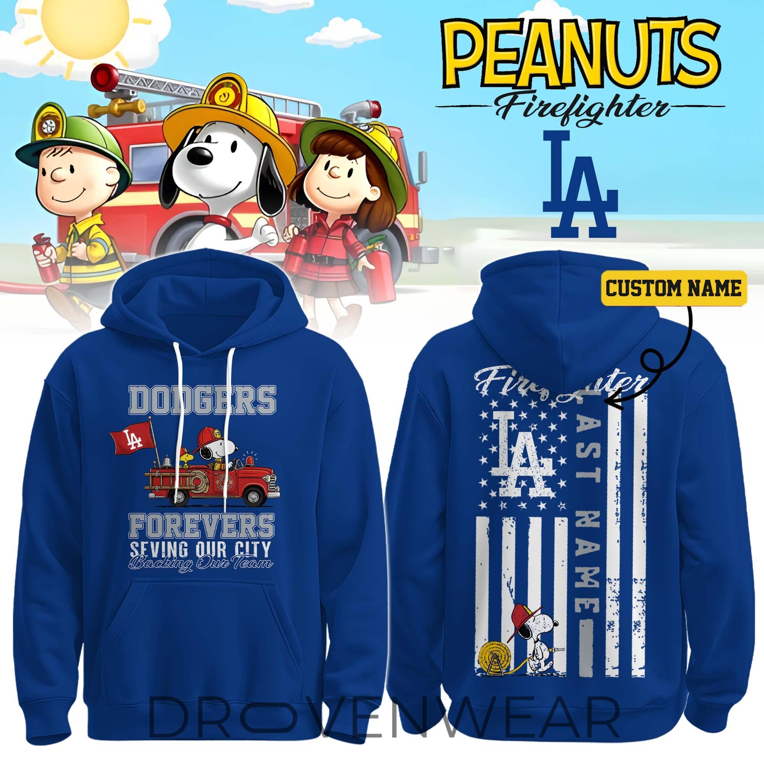 Los Angeles Dodgers Snoopy Firefighter Personalized Blue Hoodie 2026 Los Angeles Dodgers Snoopy Firefighter Personalized Blue Hoodie 2026