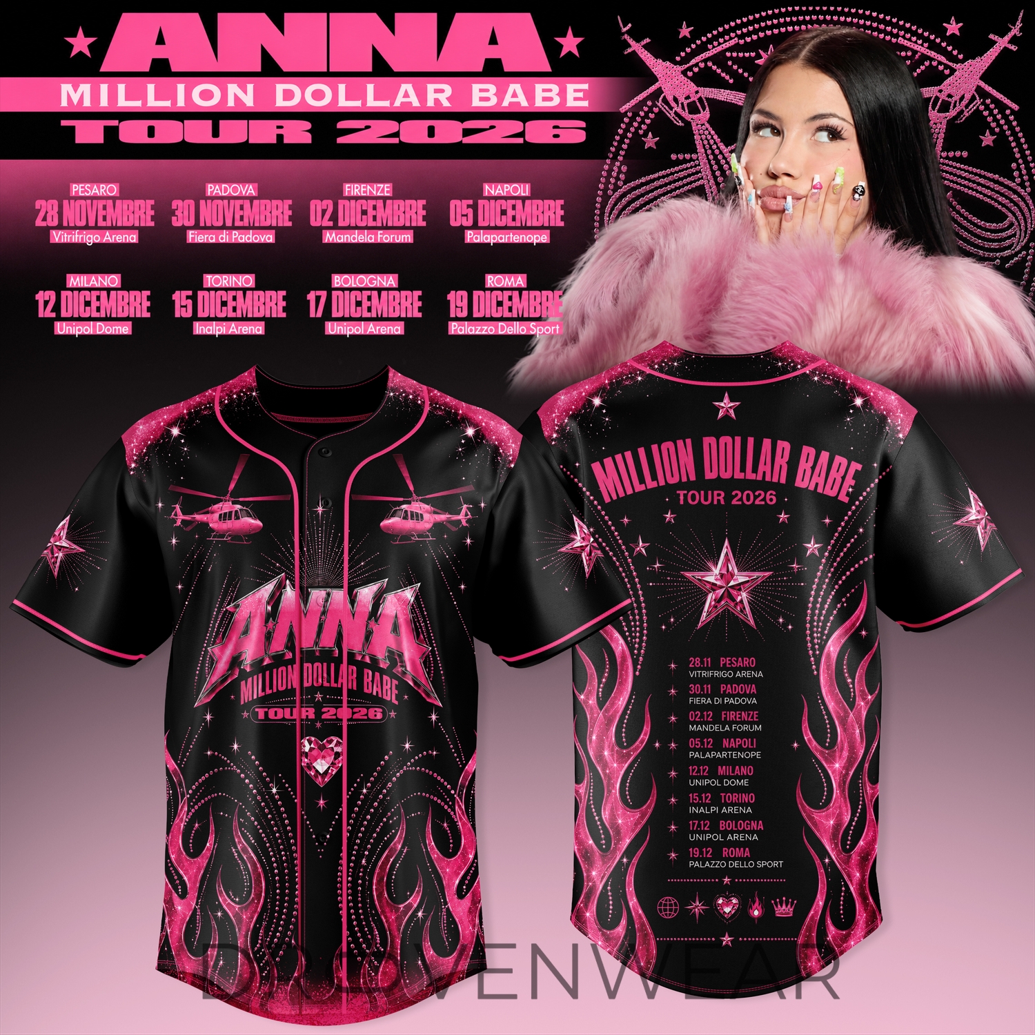 Million Dollar Babe Tour Black Pink Flame Baseball Jersey Million Dollar Babe Tour Black Pink Flame Baseball Jersey