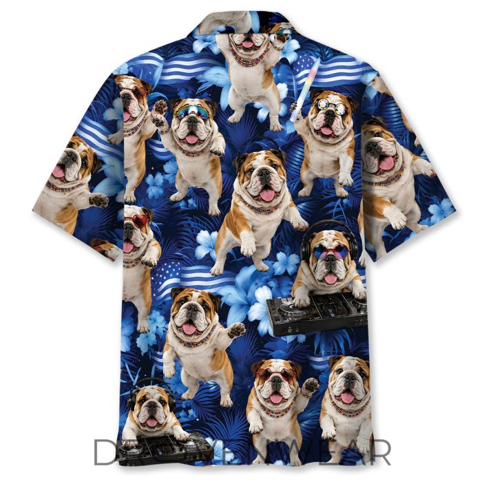 Neon Blue Bulldog Funny Hawaiian Shirt - Image 3