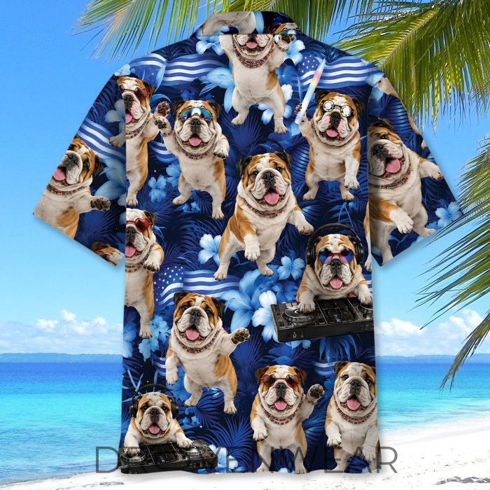 Neon Blue Bulldog Funny Hawaiian Shirt - Image 4