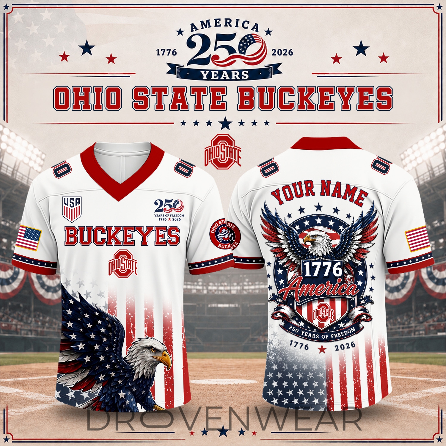 Ohio State Buckeyesx 250 Years of Freedom USA 1776 America Premium - V-neck Short Sleeve Jersey V2 Ohio State Buckeyesx 250 Years of Freedom USA 1776 America Premium - V-neck Short Sleeve Jersey V2