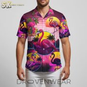 Pink Flamingo Hawaiian Shirt with Sunglasses and Palm Trees - Summer Beach Button Up Shirt for Men - Image 2