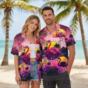Pink Flamingo Hawaiian Shirt with Sunglasses and Palm Trees - Summer Beach Button Up Shirt for Men - Image 3