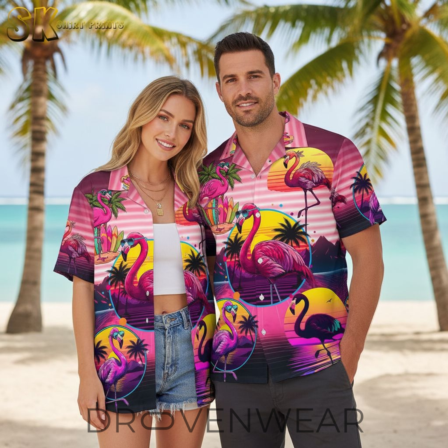 Pink Flamingo Hawaiian Shirt with Sunglasses and Palm Trees - Summer Beach Button Up Shirt for Men Pink Flamingo Hawaiian Shirt with Sunglasses and Palm Trees - Summer Beach Button Up Shirt for Men