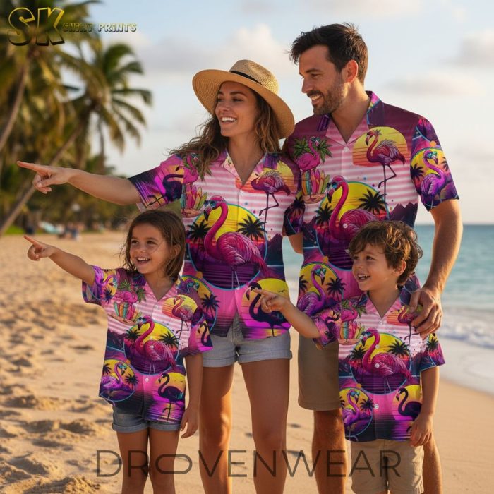 Pink Flamingo Hawaiian Shirt with Sunglasses and Palm Trees - Summer Beach Button Up Shirt for Men - Image 5