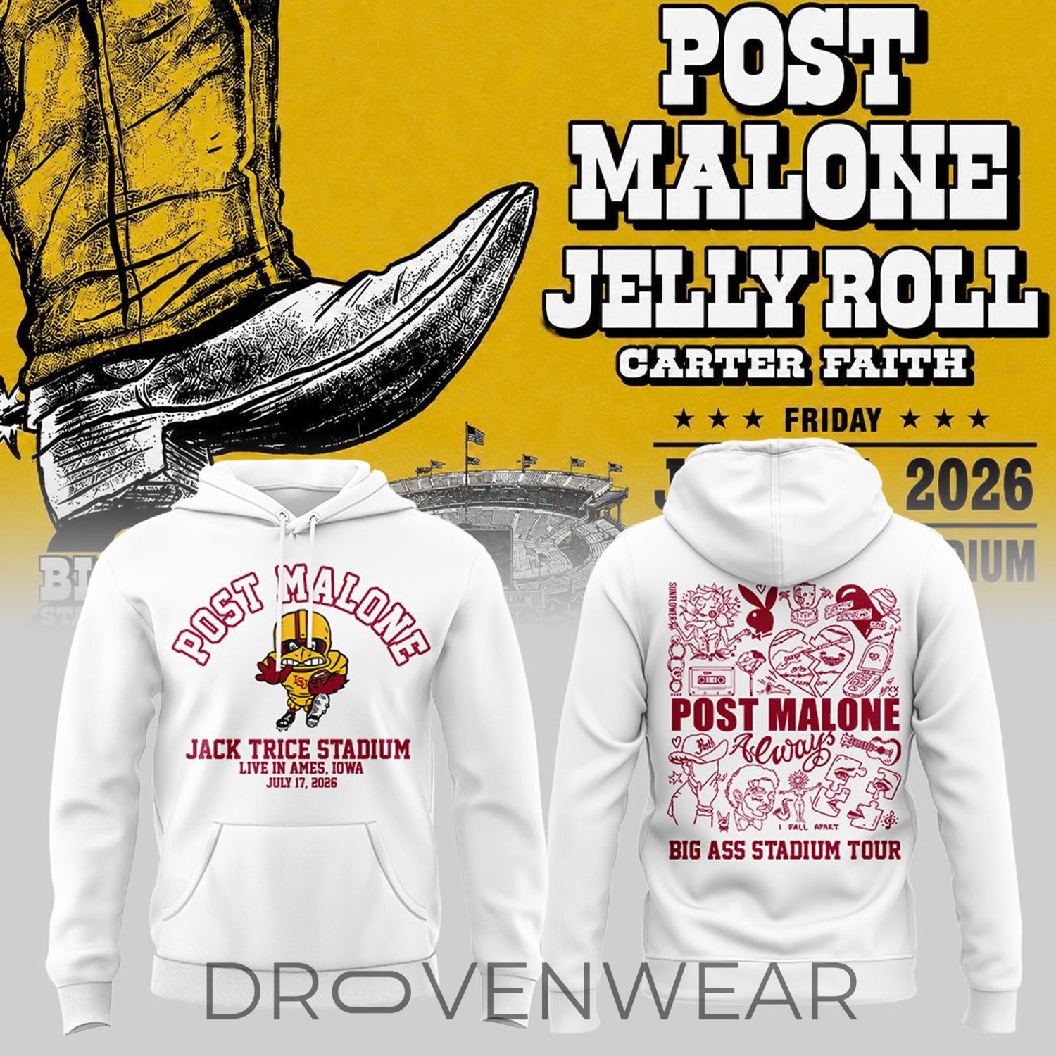 Post Malone x Iowa State Cyclones Big Ass Stadium Tour At Jack Trice Stadium Hoodie Collection Post Malone x Iowa State Cyclones Big Ass Stadium Tour At Jack Trice Stadium Hoodie Collection