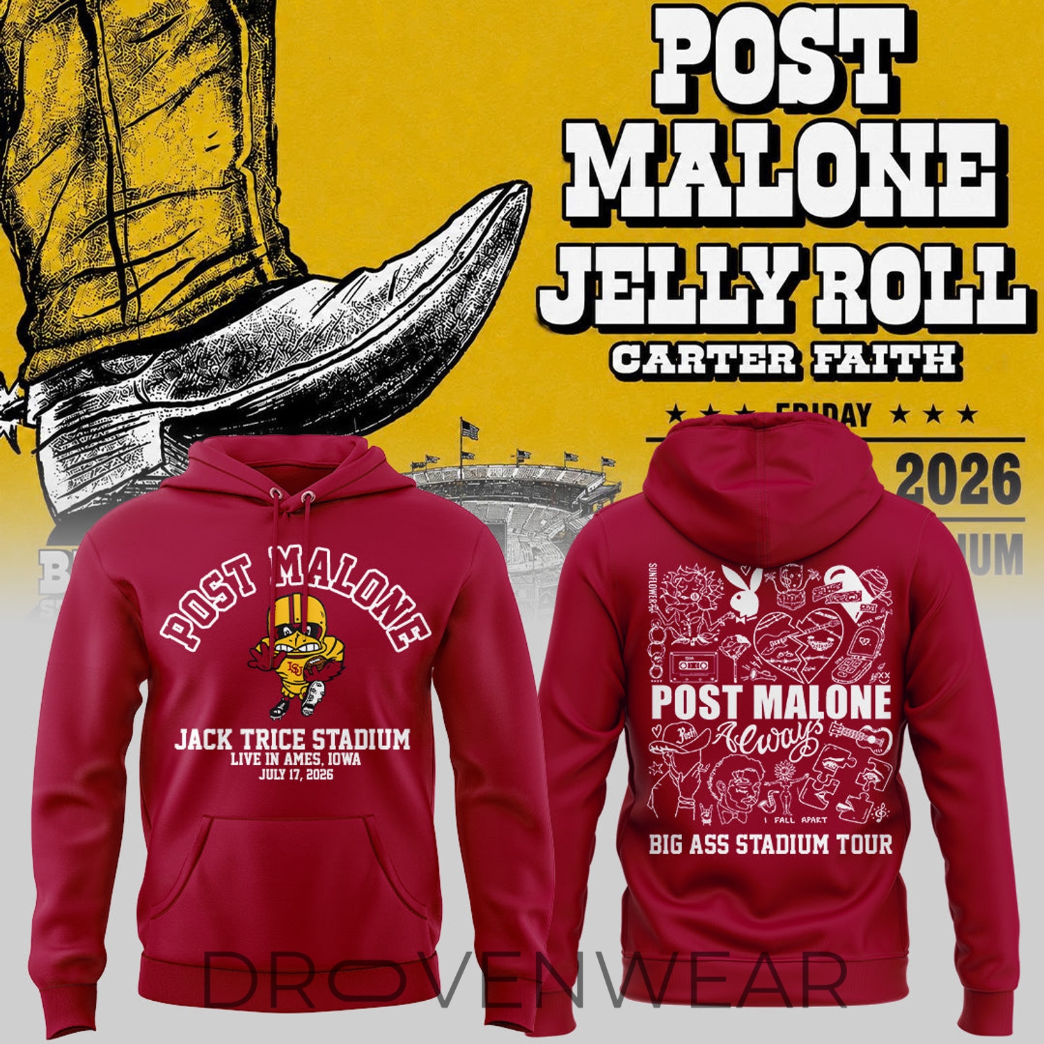 Post Malone x Iowa State Cyclones Big Ass Stadium Tour At Jack Trice Stadium Hoodie Collection Post Malone x Iowa State Cyclones Big Ass Stadium Tour At Jack Trice Stadium Hoodie Collection