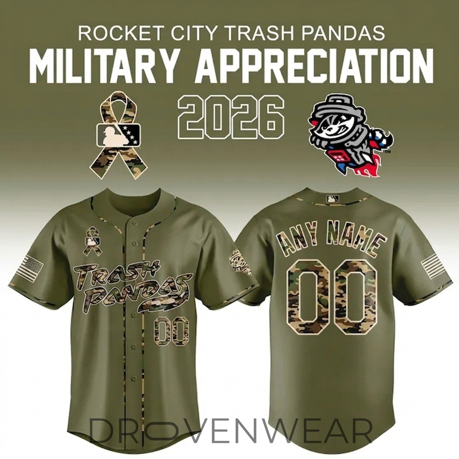 Rocket City Trash Panda 2026 Military Appreciation Night Special Baseball Jersey Rocket City Trash Panda 2026 Military Appreciation Night Special Baseball Jersey