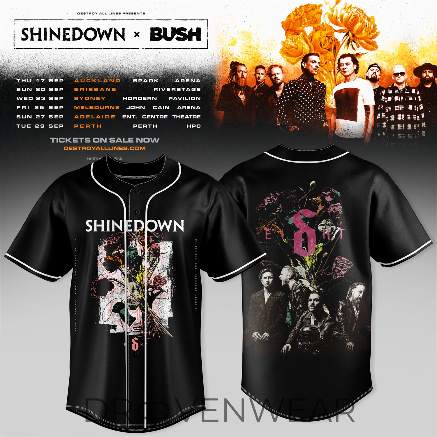SHINEDOWN x BUSH Australia Tour 2026 Limited Edition Baseball Jersey V3 SHINEDOWN x BUSH Australia Tour 2026 Limited Edition Baseball Jersey V3