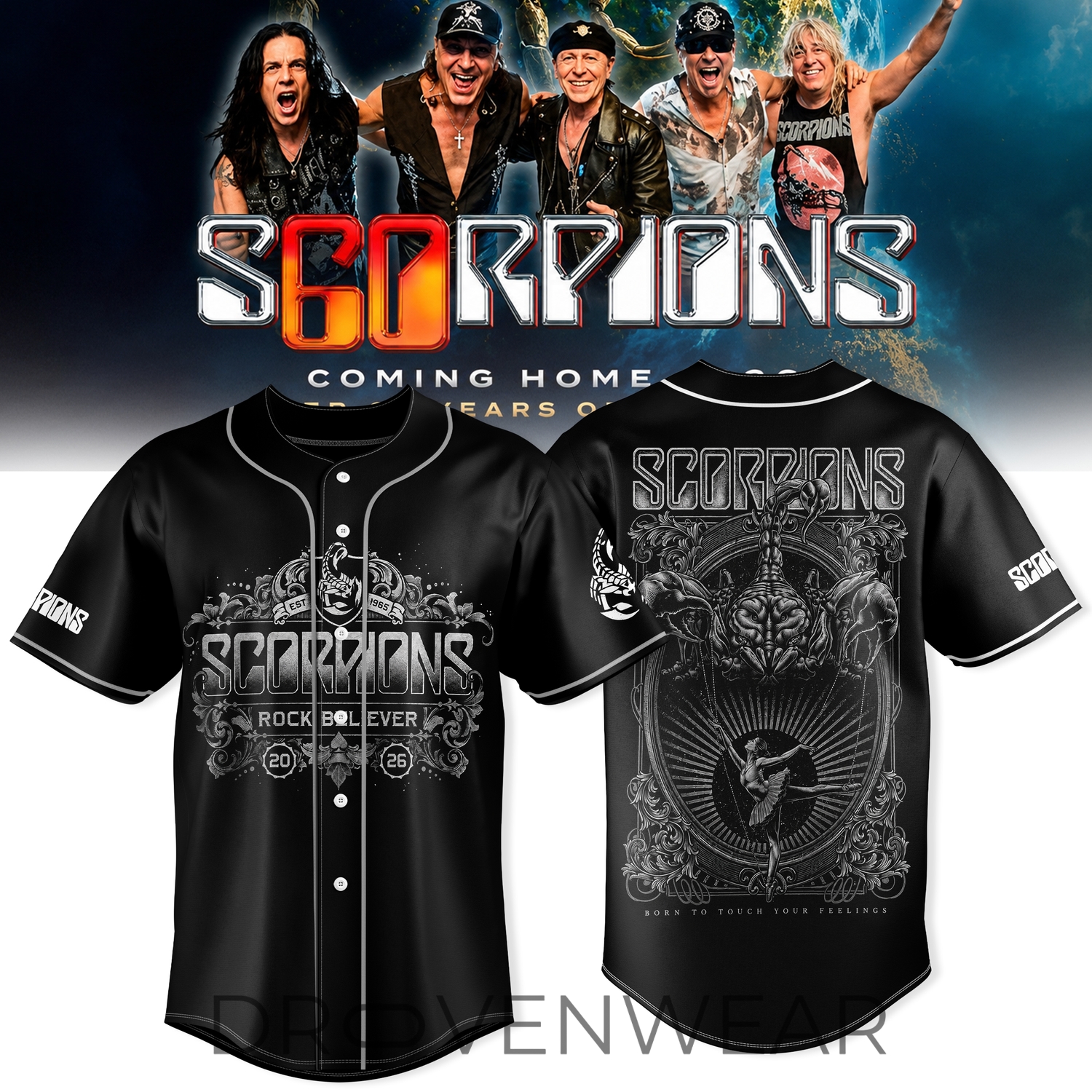 Scorpions Coming Home 2026 World Tour Exclusive Baseball Jersey Scorpions Coming Home 2026 World Tour Exclusive Baseball Jersey