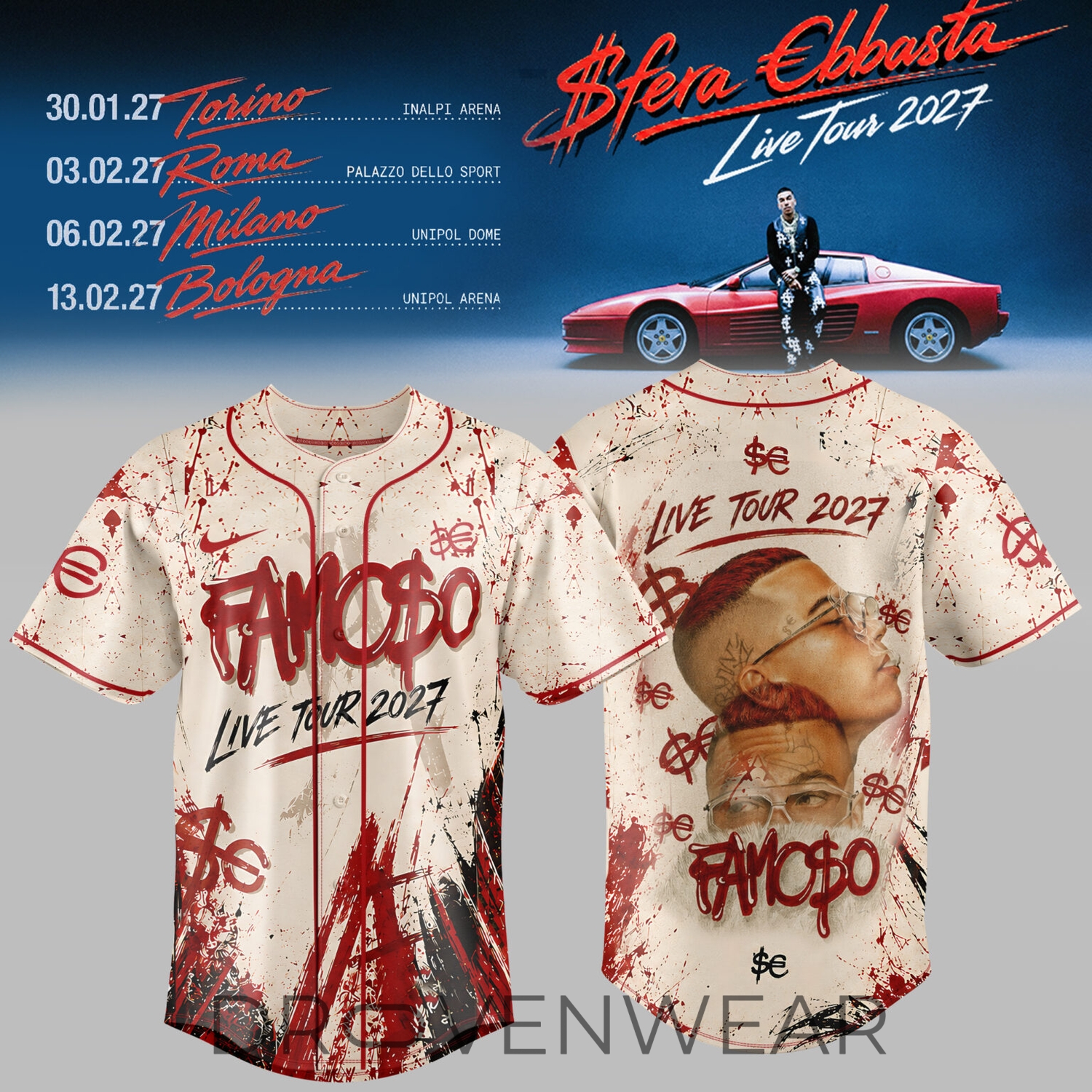 Sfera Ebbasta Live Tour 2027 Baseball Jersey Sfera Ebbasta Live Tour 2027 Baseball Jersey