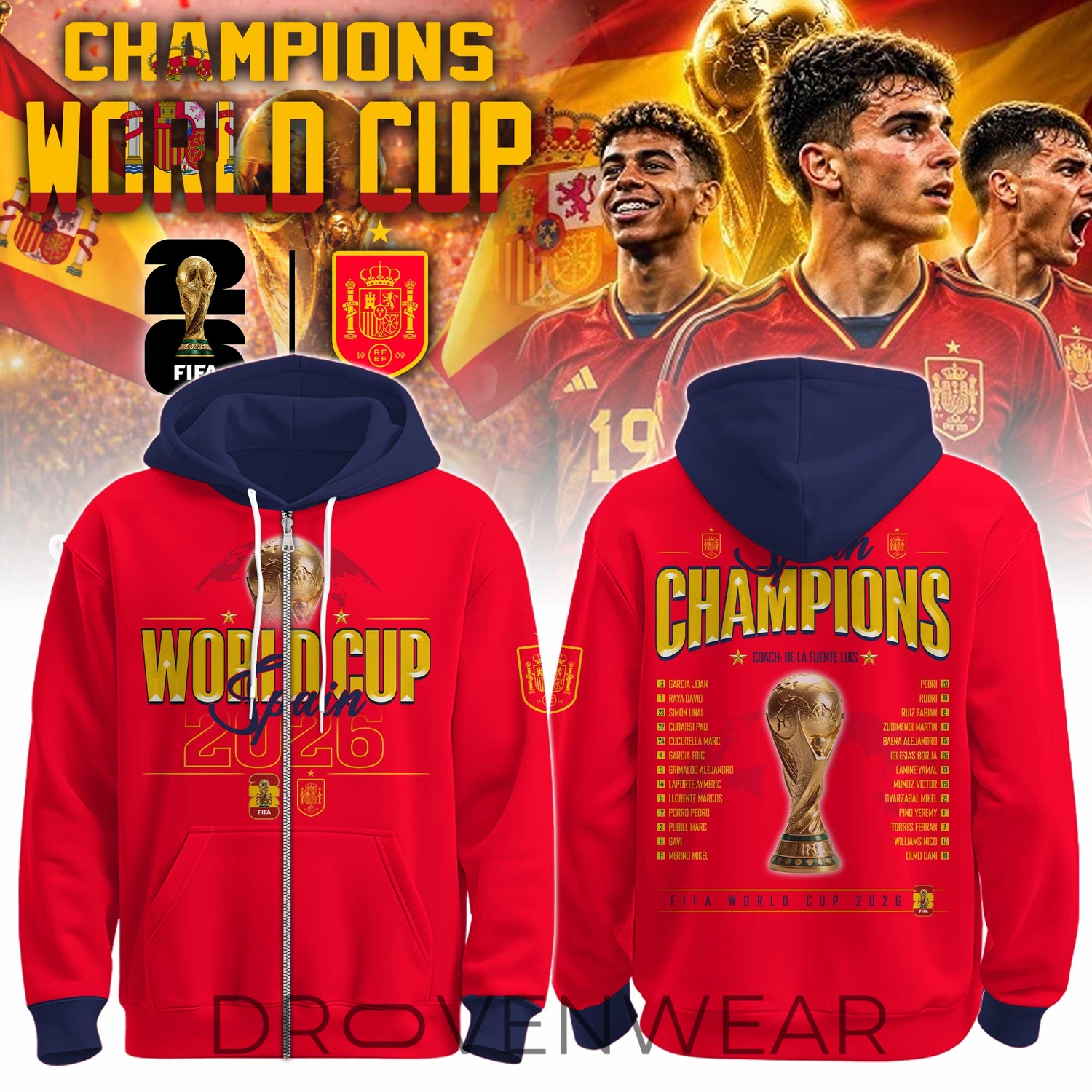 Spain FIFA World Cup Champions 2026 Zip Hoodie Spain FIFA World Cup Champions 2026 Zip Hoodie