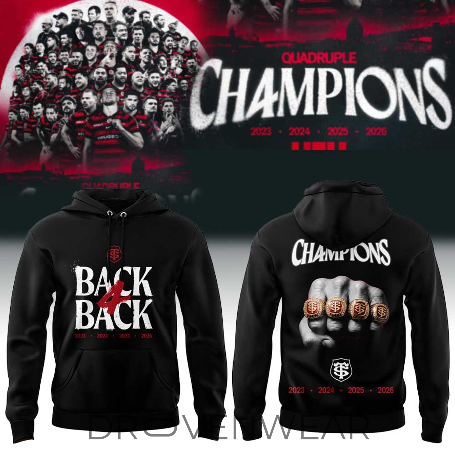 Stade Toulousain Rugby Back four Back Champions Hoodie Stade Toulousain Rugby Back four Back Champions Hoodie