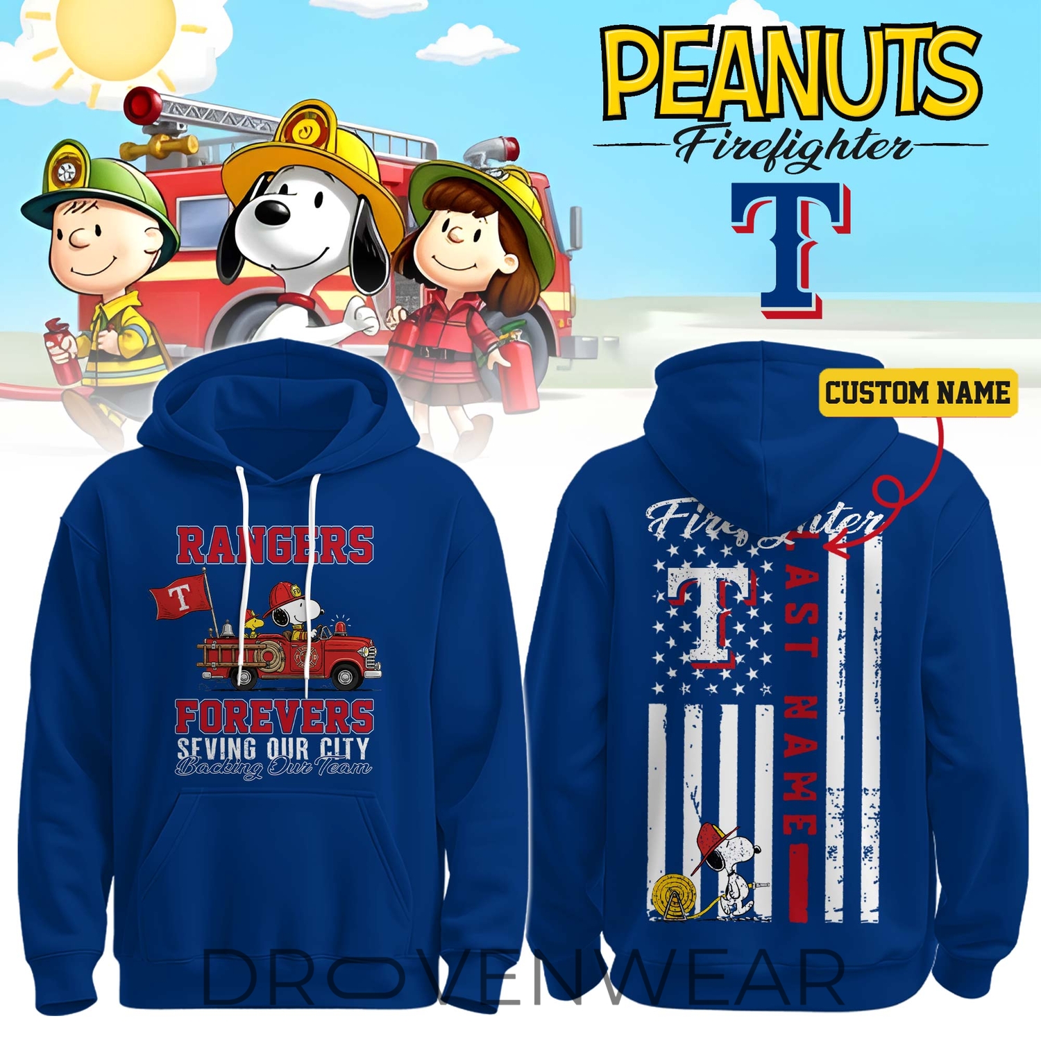 Texas Rangers Snoopy Firefighter Personalized Blue Hoodie 2026 Texas Rangers Snoopy Firefighter Personalized Blue Hoodie 2026