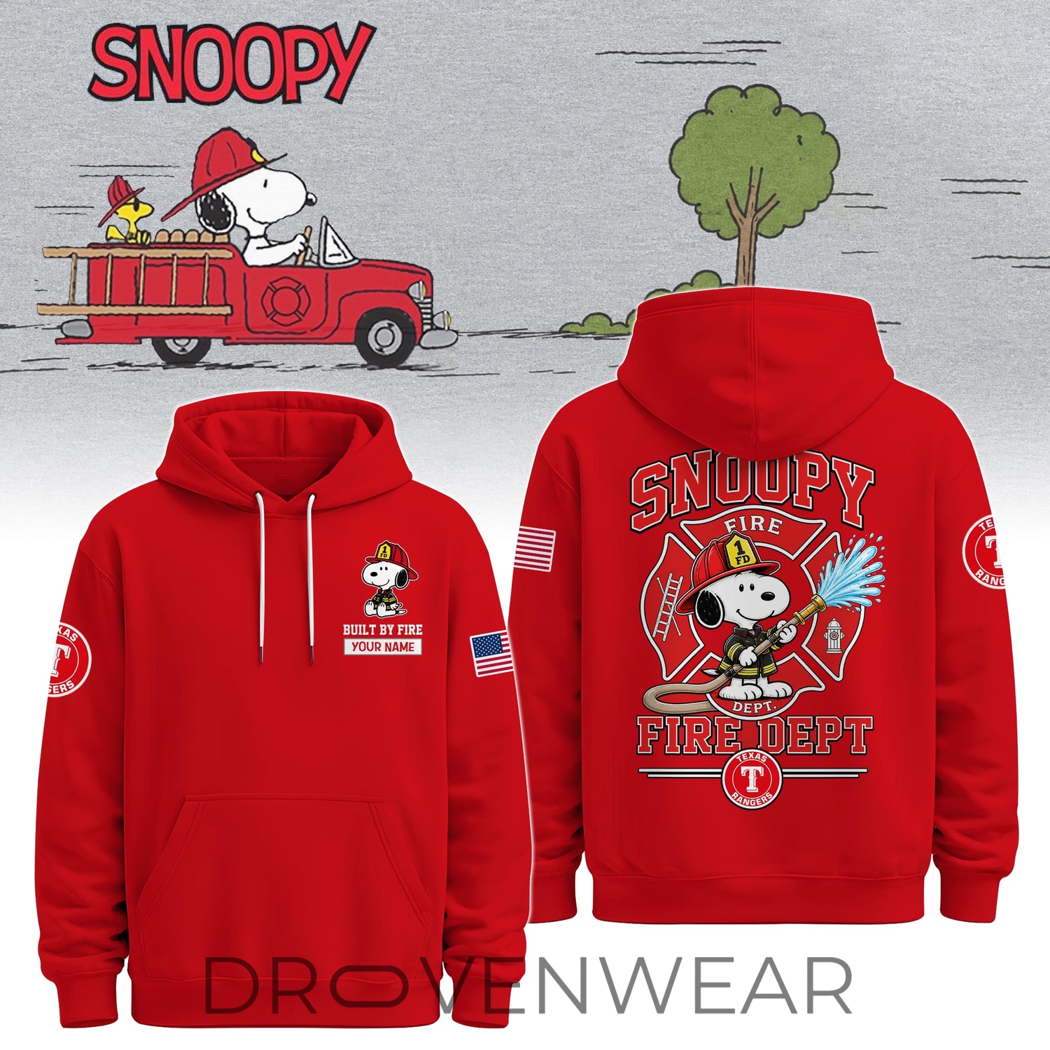 Texas Rangers Snoopy Firefighter Personalized Red Hoodie 2026 Texas Rangers Snoopy Firefighter Personalized Red Hoodie 2026