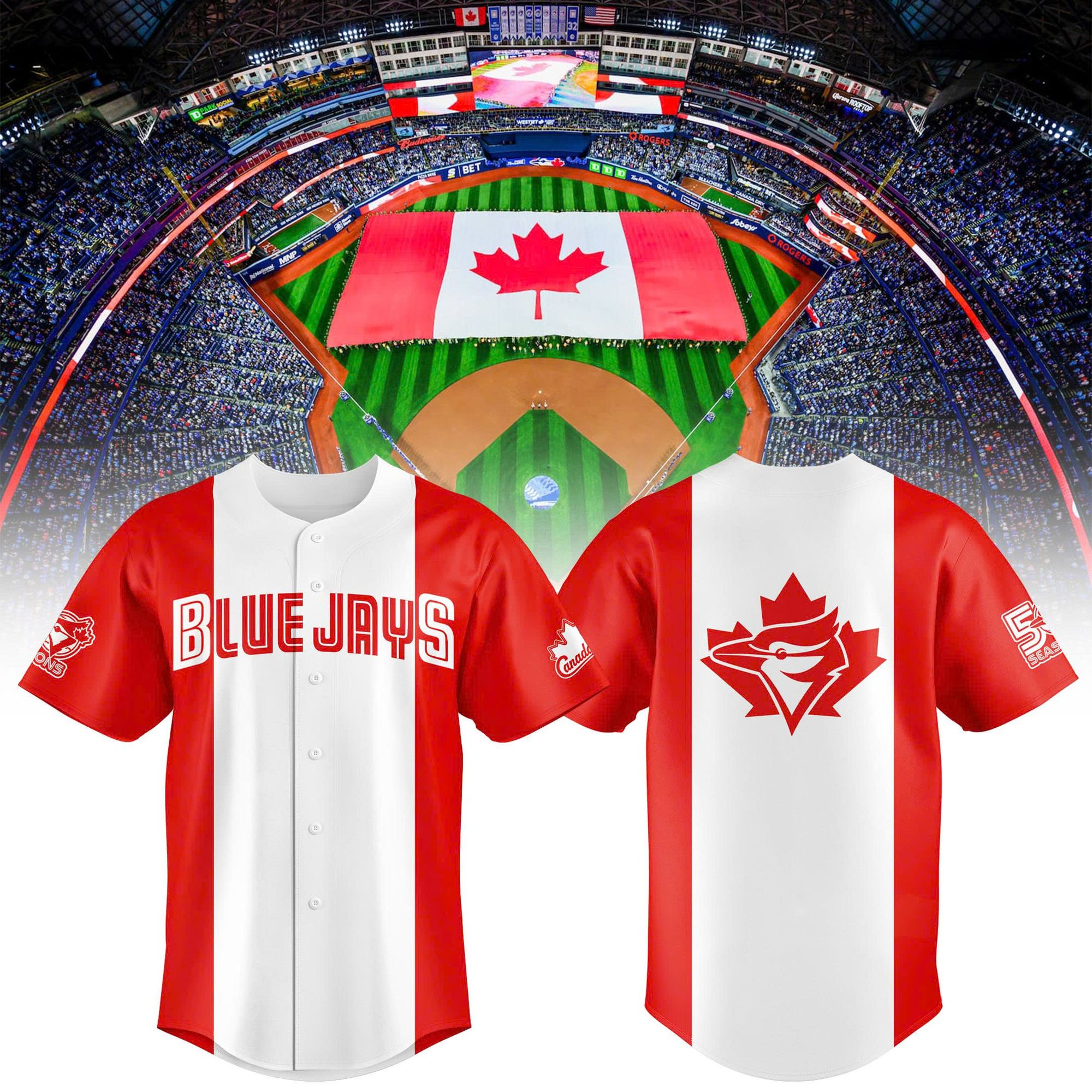 Toronto Blue Jays Canada Day Canadian Flag Red & White Baseball Jersey Toronto Blue Jays Canada Day Canadian Flag Red & White Baseball Jersey